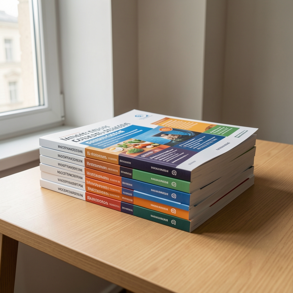 Stack of research publications and nutritional reference guides on a clean wooden desk beside a window, natural daylight, Warsaw studio setting